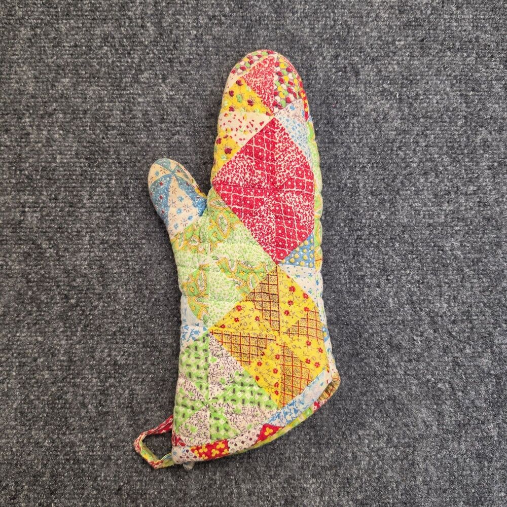 Vintage 60s 70s Quilted Mod Oven Multicolor Mitt Ora Patchwork Floral Geometric